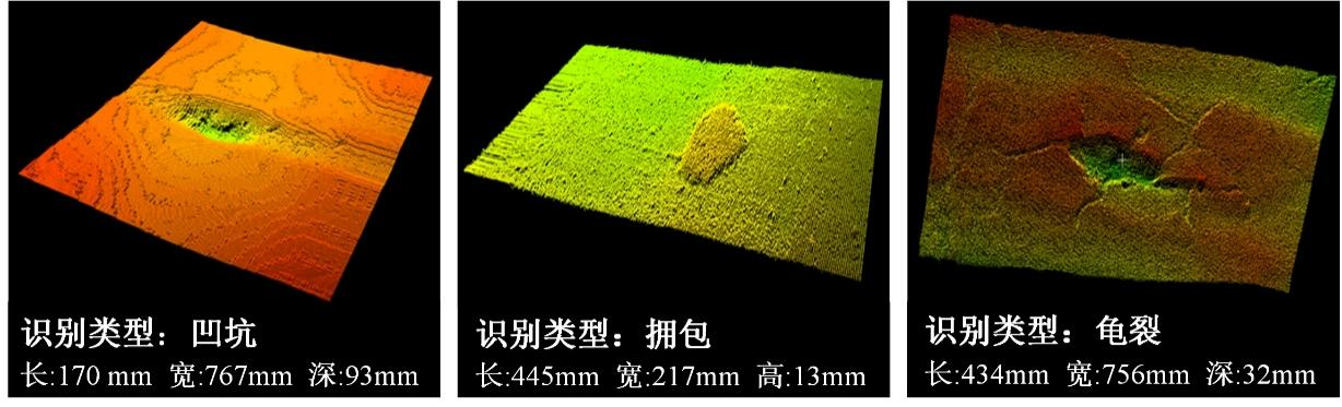 图5 道路表面缺陷识别结果和测量数据